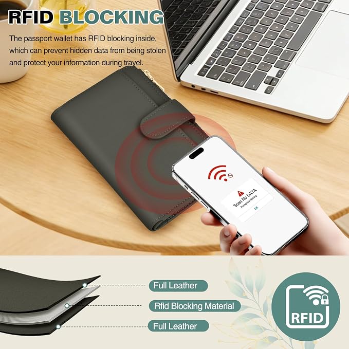 RFID Passport Holder for Travel, Leather Passport Wallet Cover with Airtag | with Airtag Slot, Card Cash Holders, Zippered Coins Pocket, for Women/Men, Gift Box, Travel Essentials, 4.1"L x 1"W x 6.3"H