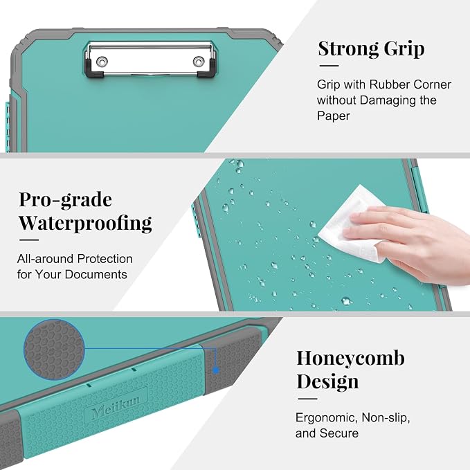 Meiikun Clipboard with Storage, Rugged Shockproof Protective, Internal Pen Pouch & Metal Clip, Heavy Duty Plastic Clip Boards 8.5x11, High Capacity Contractor Folder for School Office (Light Green)