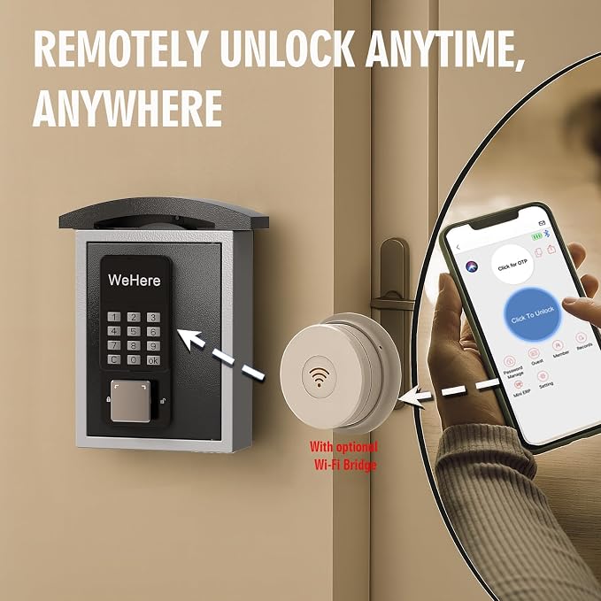 WeHere Key Lock Box Wall Mount with Key Drop Slot, Smart Digital Lockbox, OTP/APP Bluetooth/Wi-Fi/Fixed Code/Key Unlock, Key Safe Security Storage for House Outside, Realty Business, Apartment, Store