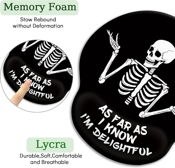 LIMKRIAN Skeleton Mouse Pad with Wrist Rest, 9.8 x 8.6 in, Funny Skull | Ergonomic Gel Wrist Support Pain Relief, Non-Slip PU Base, Funny Mouse Pads for Desk, Goth Office Desk Accessories Decor