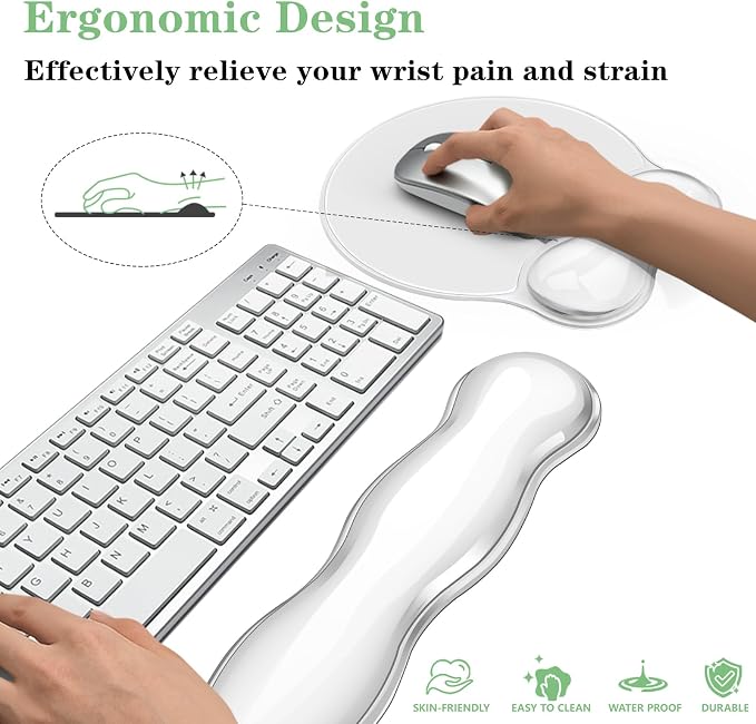 Gel Wrist Rest for Keyboard and Mouse Pad Set - Clear White | Ergonomic Cute Computer Keyboard Wrist Pad Support for Pain Relief, Non-Slip Desk Accessories for Office and Home