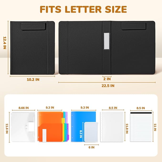 JoyCat 3 Ring Binder Clipboard with Storage, 5 Folders, Black | 3 ring clipboard portfolio combines five expandable folders, a refillable letter-size notepad and storage