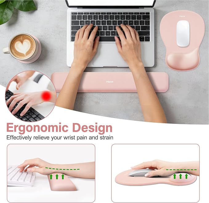 MOSISO Wrist Rest Support for Mouse Pad & Keyboard Set, Peach Fuzz | Ergonomic Mousepad&Coaster, Non-Slip Base Home/Office Rectangular Easy Typing Pad with Soft Cloth&Curved Memory Foam