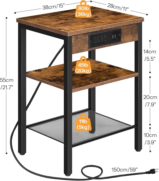 HOOBRO Side Tables Set of 2 with Charging Station and USB Port, Small End Tables for Small Space, 3-Tier Nightstands with Adjustable Shelf, for Living Room, Bedroom, Rustic Brown BF112BZP201