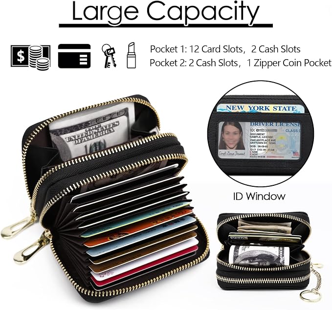 imeetu RFID Credit Card Holder, Small Card Wallet Women, Leather Card Case | Genuine Leather Women's Card & id Cases, Change Coin Purse with Zipper Keychain id Window, 20 Colors & 3 Styles, Daily, Gifts