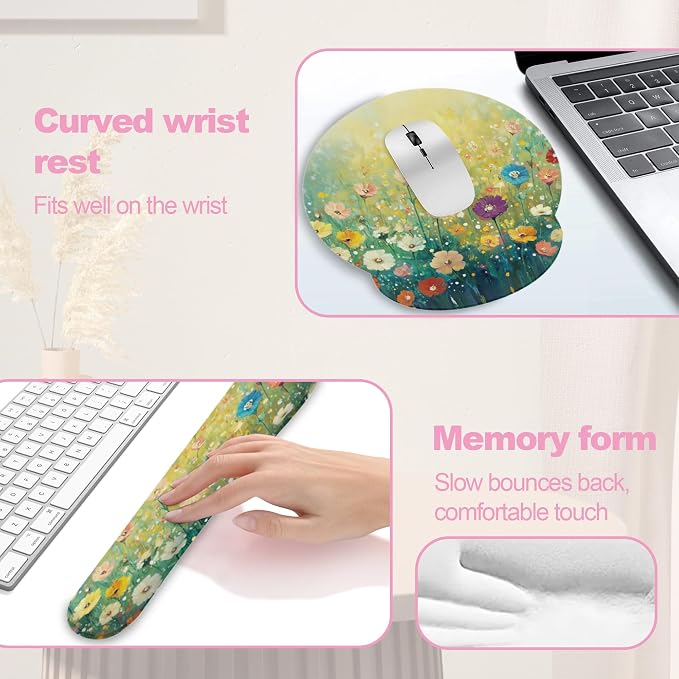 Flower Daisy Poppy Floral Keyboard Wrist Rest Pad Mouse Pad Set,Ergonomic Mousepad Wrist Support Memory Foam Desk Pad for Gaming Office,Non-Slip Rubber Base Easy Typing for Home Office Computers