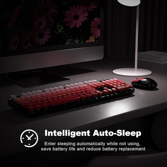 MOFII Wireless Keyboard and Mouse Combo, Full Size 2.4G Plug and Play Typewriter Retro Round Computer Keyboard and Mouse Set for Windows, Computer, Desktop, PC, Notebook - (Black Red Gradient)