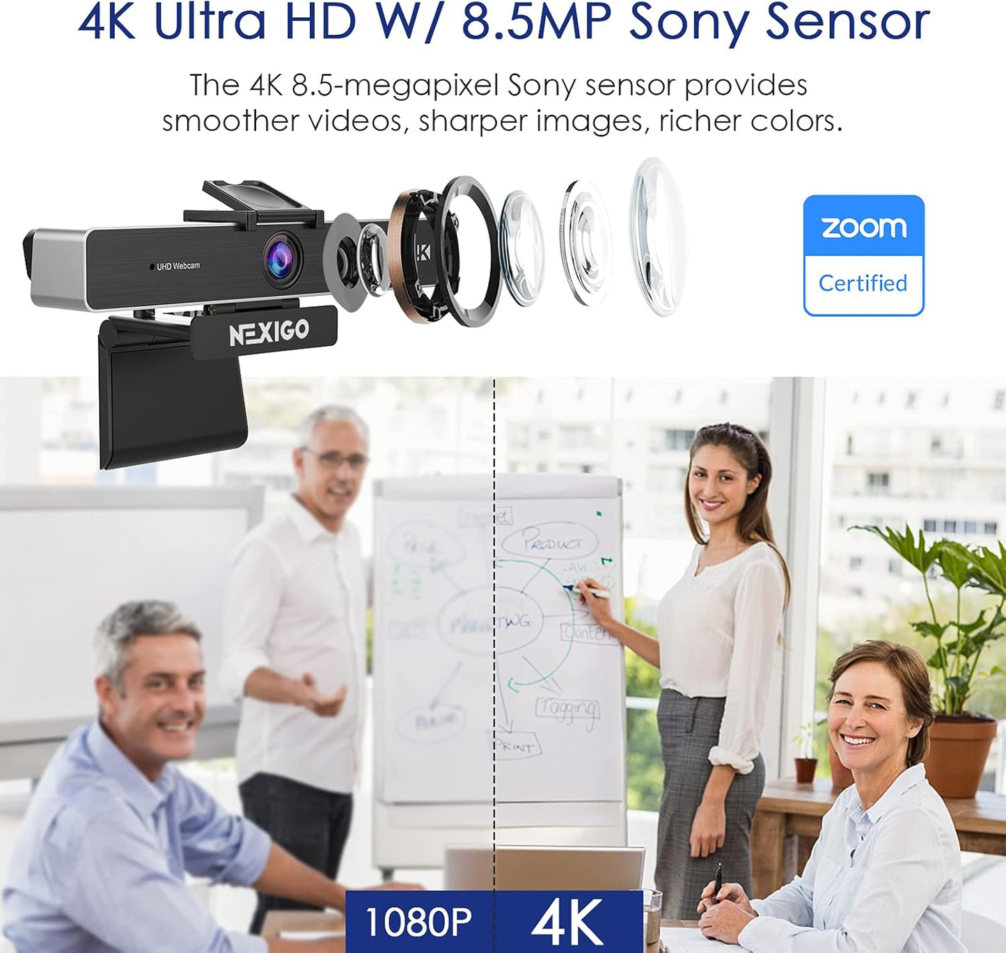 NexiGo Zoom Certified, N950P 4K Zoomable Webcam with Remote Control, Sony_Starvis Sensor, 5X Digital Zoom, Pro Web Camera with Dual Stereo Mics, for Zoom Skype Teams Twitch