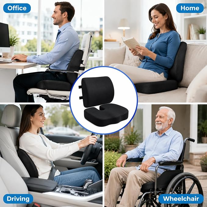 Ergonomic Seat Cushion & Lumbar Support Pillow for Office Chair | Memory Foam Seat Cushions for Tailbone Pain Relief, Sciatica & Lower Back Support for Desk Chair Car Home, Washable, Non Slip