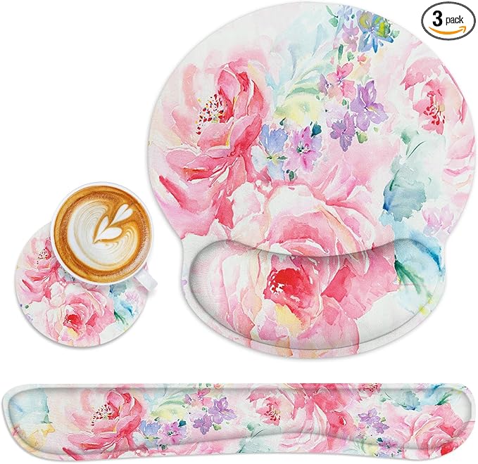 Ergonomic Mouse Pad Set with Wrist Rest, Watercolor Abstract | Flower Painting Non-Slip Rubber Base Wrist Cushion Support and Coasters Mousepad with Wrist Support for Computer Keyboard