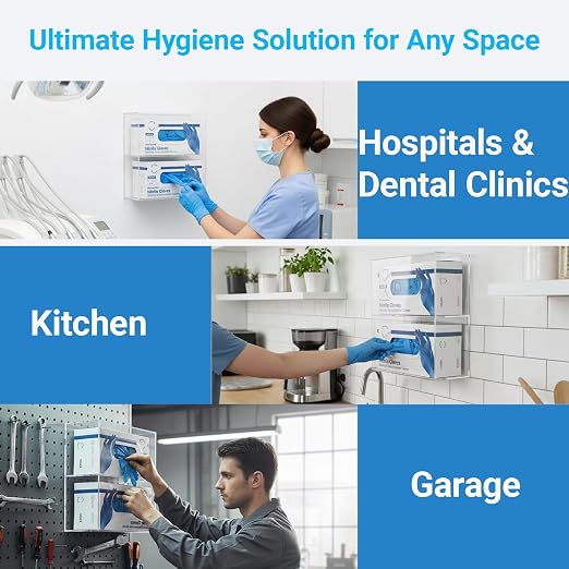Double Glove Box Holder Wall Mount, Side-Load Acrylic Glove Dispenser - Clear Medical Storage Organizer for Lab, Hospital, Kitchen,- 10 x 3.54 x 10.6 IN - Quick Access & Easy Refill
