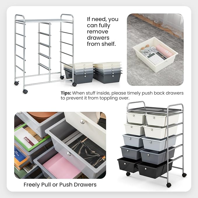 GLACER 10 Drawer Rolling Cart, Storage Cart with Lockable Whieels & Metal Frame, Trolley for Art Craft Oganizer, Mobile Utility Cart for Office, School, Classroom, Kitchen (Gray Gradient)