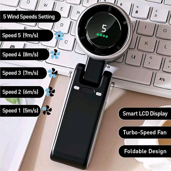 Portable Handheld Turbo Fan 3-in-1, Battery Operated with 5-Speed, 20H Runtime, Air Turbo Tech Cooling for Outdoor, Travel, Office, Rechargeable Personal Fans (Black)