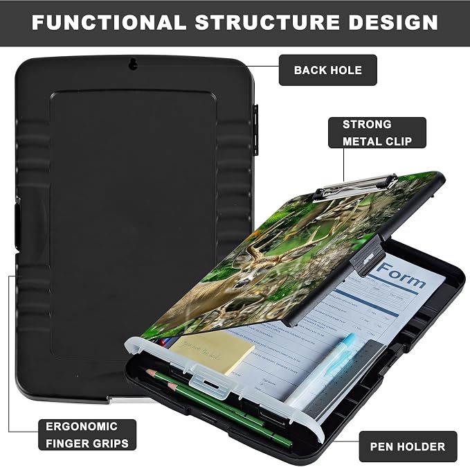Clipboard with Storage,Storage Clipboard with Pen Holder,Heavy Duty Plastic Storage Clipboard with Low Profile Clip,Teacher Must Haves,Clipboard Folder,Office Supplies,Deer Forest -1350