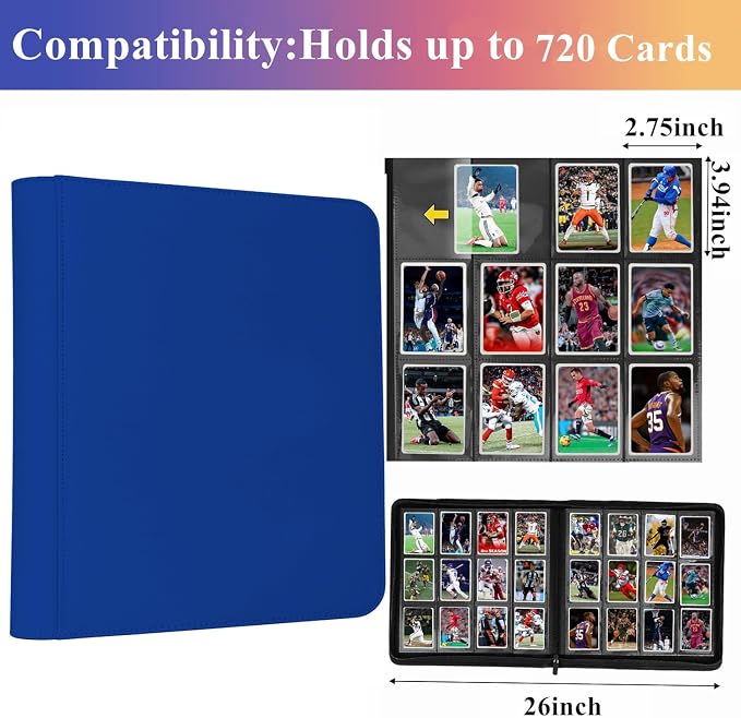 12 Pocket Card Binder, 720 Pockets PU Leather Zipper Trading Card Collection Album, Side-Loading Card Storage Folders for MTG, TCG, Game/Sport Crads (Blue, 12 Pockets)