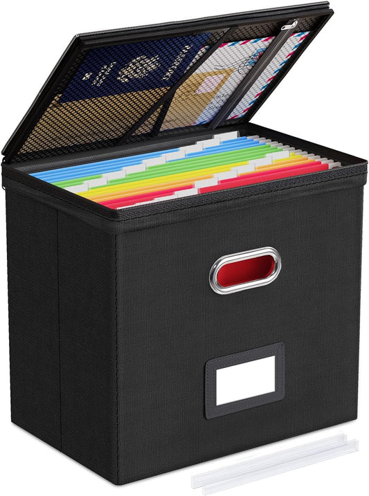 Oterri 1 Pack File Organizer Boxes with Lids, File Box with Mesh Pockets, Document Organizer Box for File Folders Letter Size, Zippers Filing Box for Home, Office, School (Black, Without Folders)