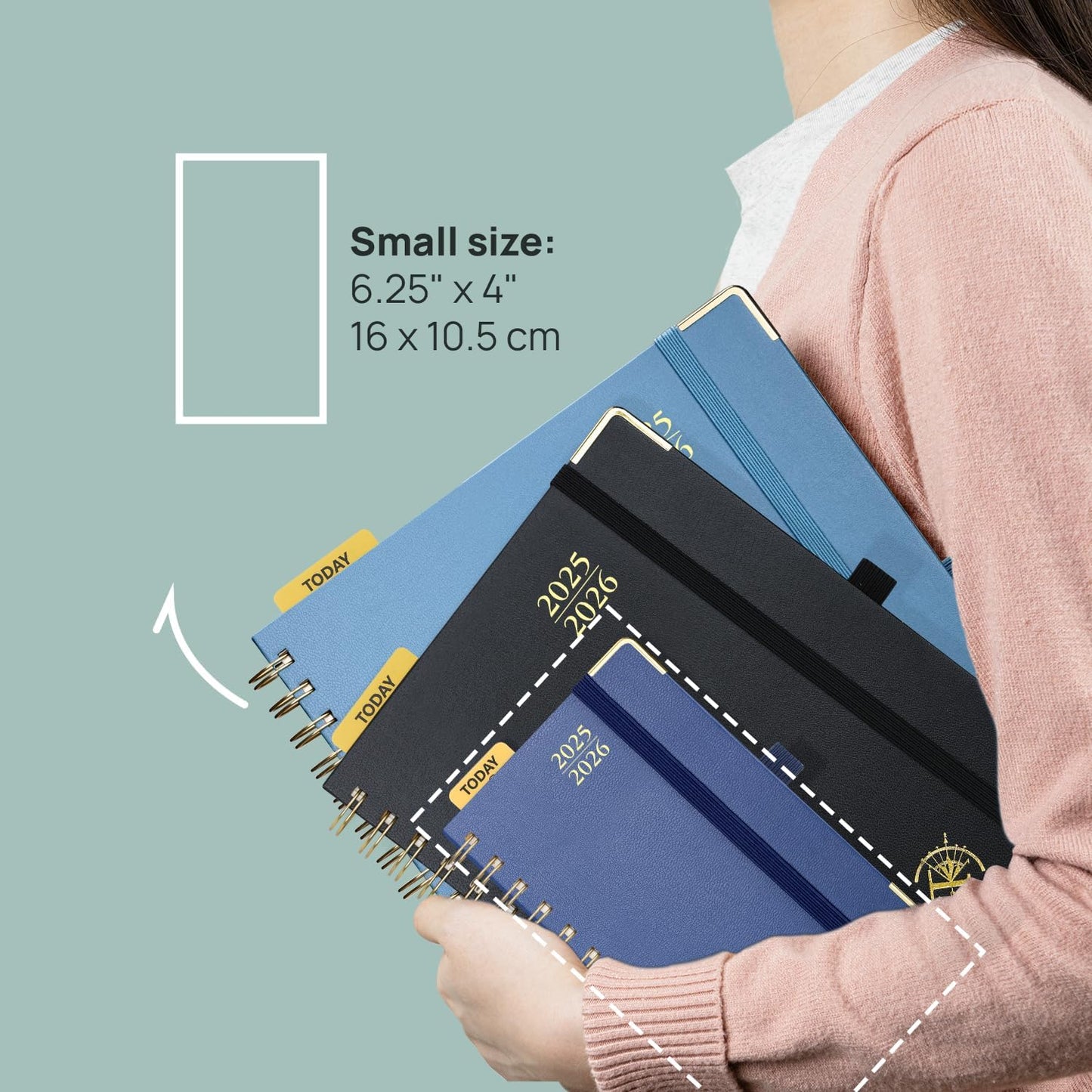 POPRUN Pocket Planner 2025-2026 (Spiral Hardcover - 4''x 6.25''), Daily Weekly and Monthly (July 2025 - June 2026) with Hourly Time Slots, for Purse, 100 GSM - Pacific Green