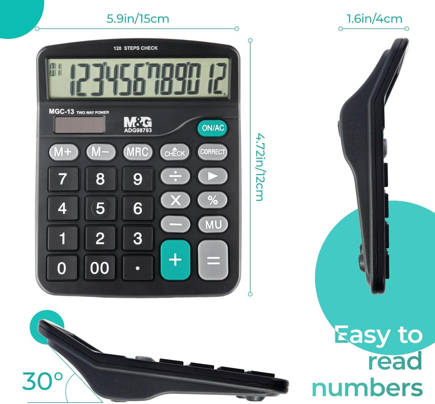 M&G Desk Calculator 12 Digit Office Calculators with Check & Correct, Dual Solar Power and Battery, Large LCD Display Business Calculator with Big Buttons Black