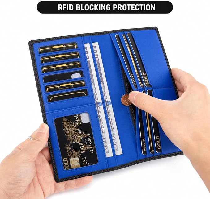 BISON DENIM Long Wallet for Men, RFID Leather Bifold, 12 Card Slots, Blue | mens long bifold wallet checkbook billfold credit card holder id window zipper coin pocket slim cowhide purse organizer
