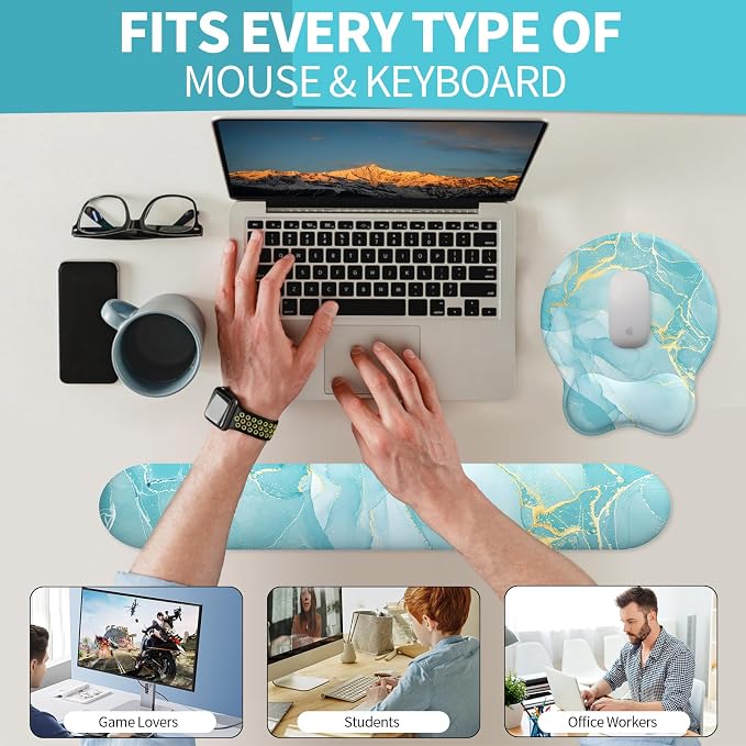 Mouse Pad Wrist Support, Ergonomic Memory Foam Keyboard Wrist Pad & Gel Wrist Rest Set for Computer Keyboard for Easy Typing & Pain Relief for Office & Home(Blue Marble Set)