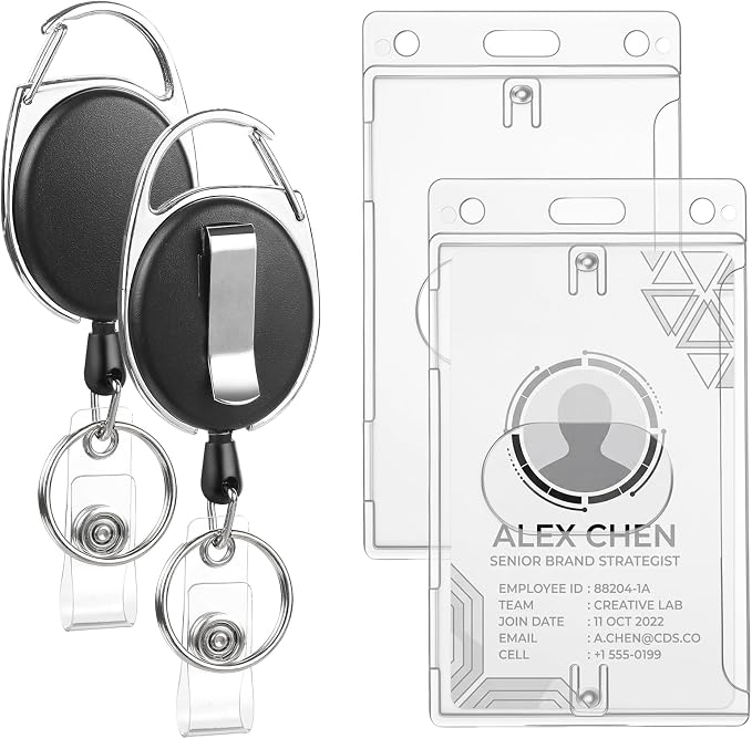 2 Set Badge Holder Retractable Clip Badge Reels with Clear Vertical ID Card Badge Holders Side Thumb Slots Hard Transparent PC Case for Work Office