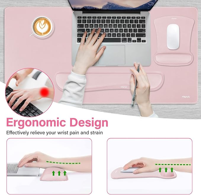 MOSISO Keyboard Mouse Pad Set, Large Gaming Mousepad&Keyboard Wrist Rest&Mouse Wrist Rest&Coaster, Ergonomic Non-Slip Mousepad&Easy Typing Cushion with Memory Foam for Home Office, Pink