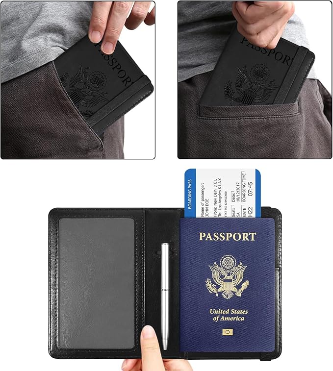 ACdream Unisex Faux Leather Passport and Vaccine Card Holder, RFID Blocking, Black, 20 in