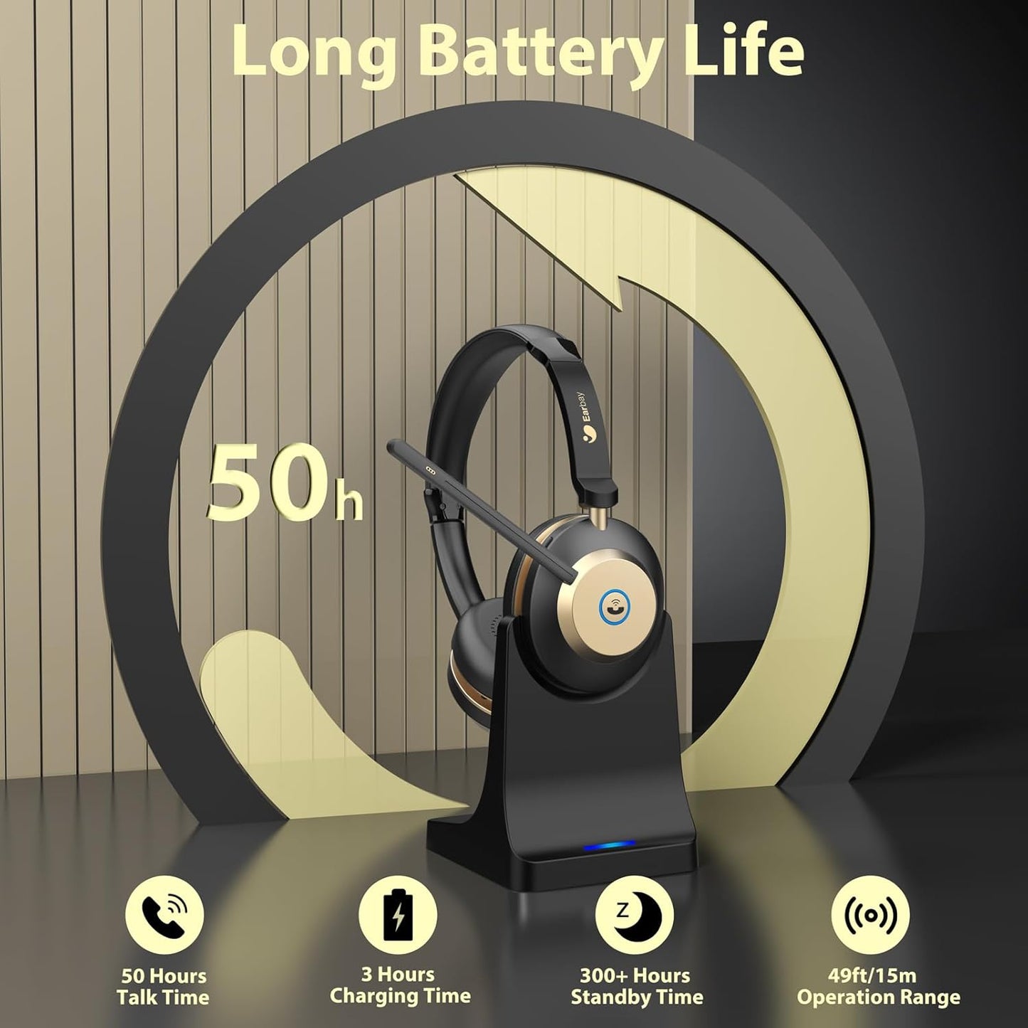 Earbay Wireless Headset with Mic for Work, Bluetooth Headset V5.3, AI Noise Cancelling Mic & 2.4G USB Dongle, 50 Hrs Work Time Wireless Headphones with Mic Mute for Work from Home/Call Center/Teams
