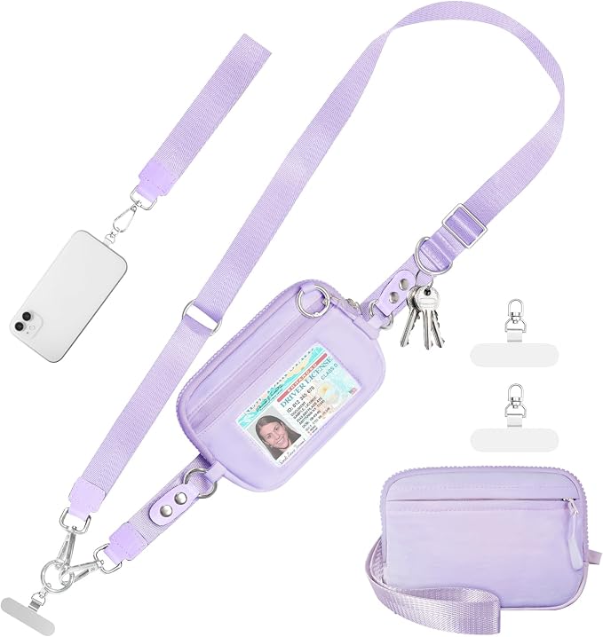 Tiostep Clip and Go Strap for Phone with Wallet Crossbody Phone Lanyard Adjustable and Detachable RFID Wristlet Wallet (Purple, Medium)