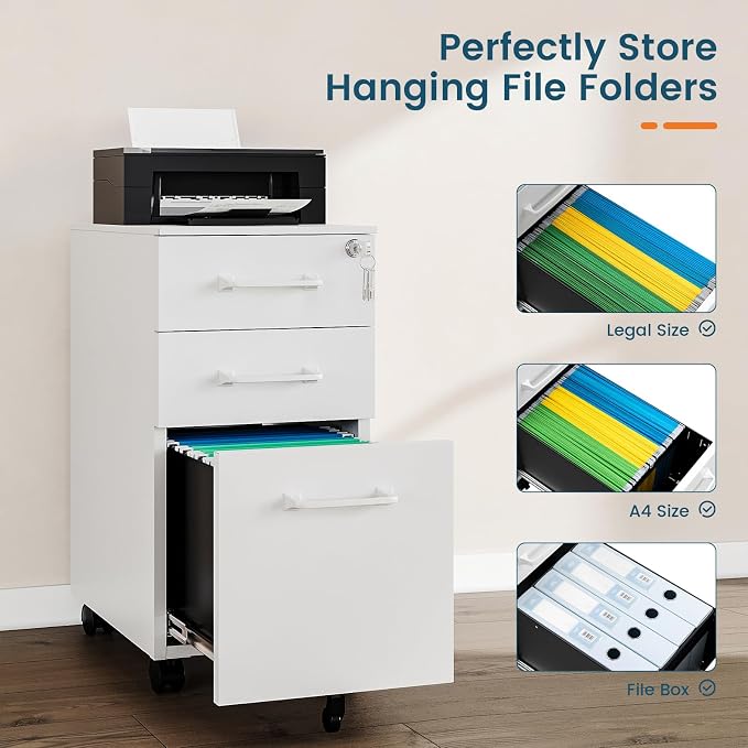 MIIIKO White Filing Cabinet 3 Drawers Under Desk, Metal File Cabinet with Lock for Home Office, Small Mobile File Cabinet for Letter Legal File Folders（Un-Assembled）