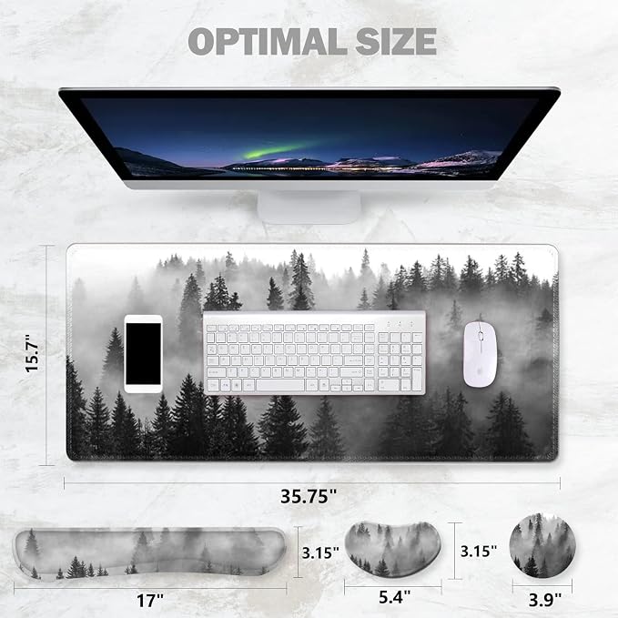 ToLuLu Extended Gaming Mouse Pad, Ergonomic Keyboard Mouse Wrist Rest Set | Large Desk Mat with Stitched Edges, Non-Slip Base Memory Foam Support Mousepad for Home Office Game Study, Tree Forests