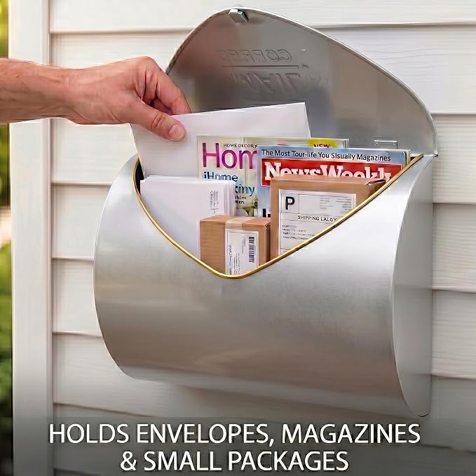 Metallic Silver Wall Mount Mailbox for Outside,Waterproof Metal Mailboxes with Rust-Proof Galvanized Steel,Large Capacity Envelope Mailbox for House,12.99 x 10.35 x 3.5 Inch