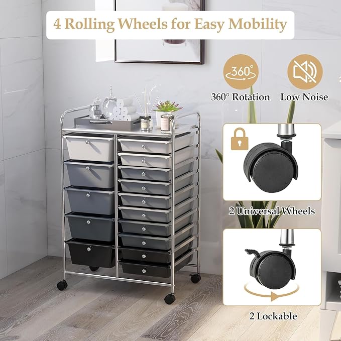 15 Drawer Rolling Storage Cart, Rolling Cart with Drawers for Classroom, Art Supply Craft Organizer on Wheel with Metal Frame & Handles for Home Office School