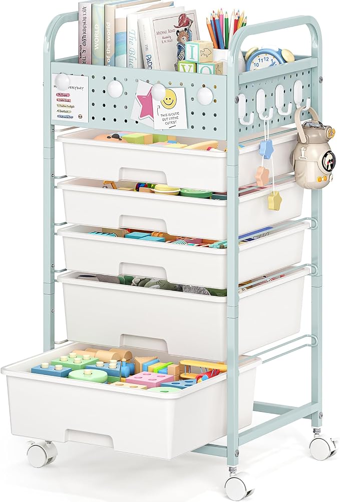 5 Drawer Rolling Storage Cart with Pegboard Top and Hooks, Green | Mobile Utility Organizer with Wheels for Office Supplies, Craft Storage, Classroom Organization, Home Storage Cart