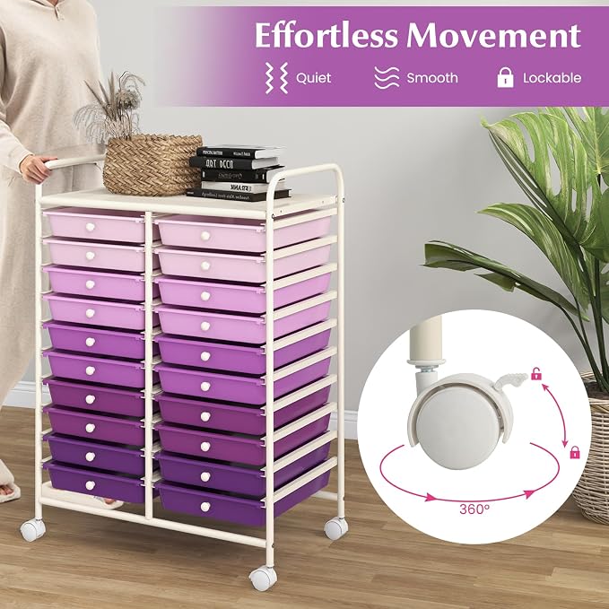 COSTWAY 20-Drawer Rolling Storage Cart, Utility Storage Organizer Cart | For Tools, Scrapbook, Paper, Craft, Multipurpose Storage Trolley on Wheels for Home Office School (Purple Gradient)