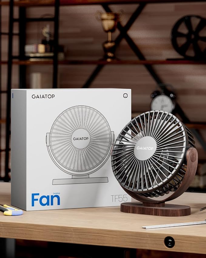 Gaiatop USB Desk Fan, 5.5 Inch Small Quiet Powerful 3 Speeds 90° Rotate, Personal Mini Portable Desktop Table Fans, Cooling for Home Office Car Travel Indoor Outdoor Wood Grain