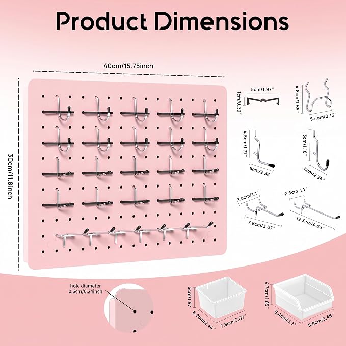 Pegboard Organizer Kit, 4 Pack 12 x 16 in Steel Panels with 6 Bins, Pink | 6 clear storage bins organize screws and small parts; 36 hooks and 30 peg locks keep garage tools sorted and easy to reach.