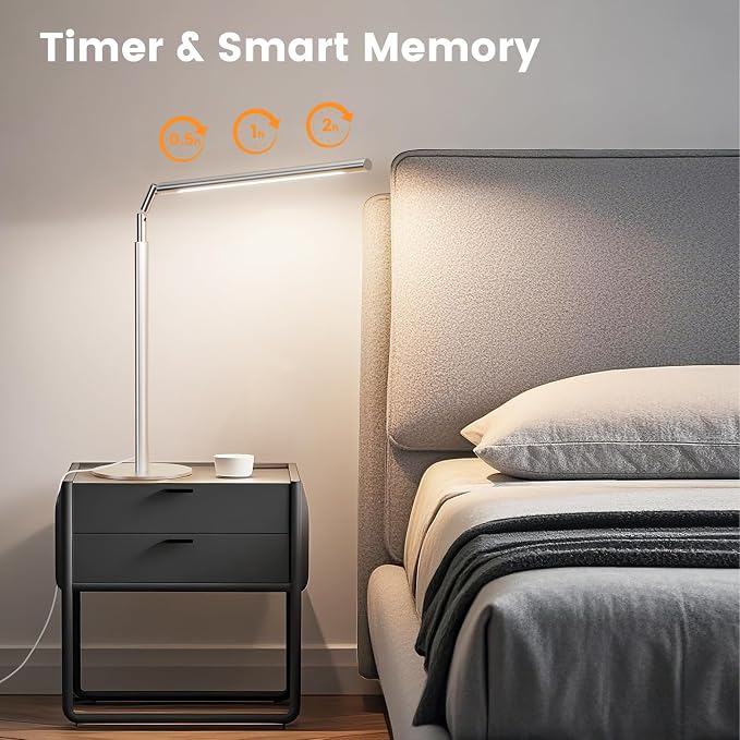 Silver LED Desk Lamp, 16" Dimmable Metal Desk Light with Base, 15W 1200LM, Adapter Included, Color & Brightness Adjustable, Modern Tall Table Lamp for Home Office Reading Study Task Laptop