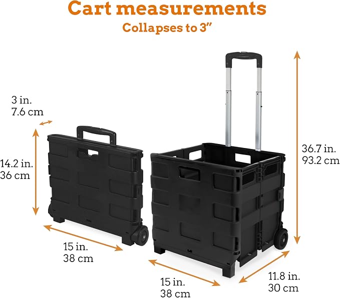 Ultra-Slim Rolling Collapsible Storage Pack-N-Roll Utility-carts, with Telescopic Handle, for Home, Garden, Shopping, Office, School use, Medium, Black