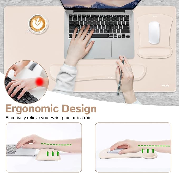 MOSISO Keyboard Mouse Pad Set, Large Gaming Mousepad&Keyboard Wrist Rest&Mouse Wrist Rest&Coaster, Ergonomic Non-Slip Mousepad&Easy Typing Cushion with Memory Foam for Home Office, Apricot