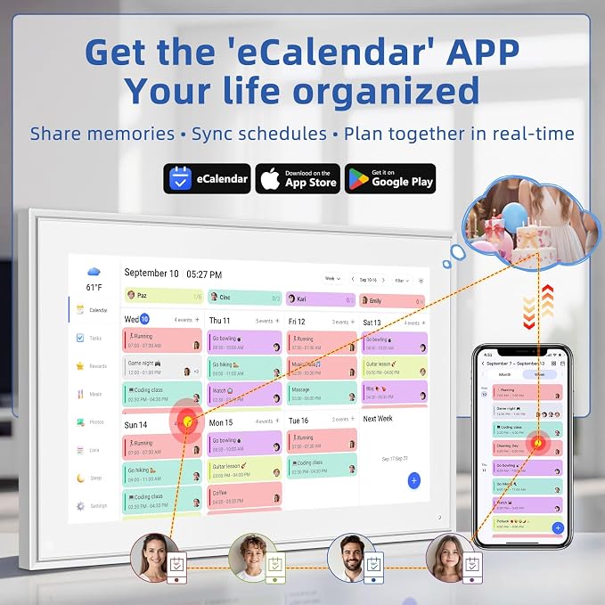 21.5" Digital Wall Calendar with Chore Chart & Planner | Sync Google, iCloud & Outlook Electronic Wall Calendar & Photo Frame No subscription Wall/Desk Mount Ideal Gift for Women