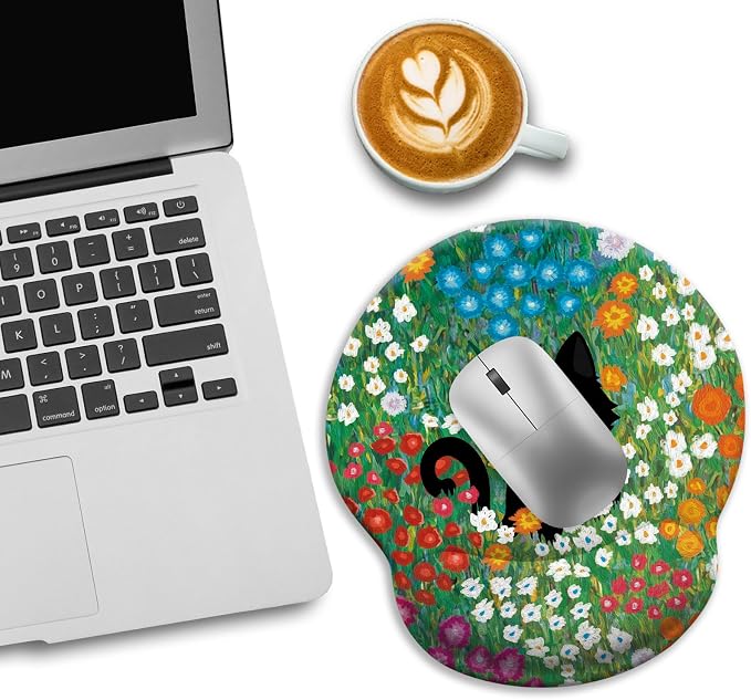 LIMKRIAN Black Cat Ergonomic Mouse Pad with Gel Wrist Rest, 9.8 x 8.6 in | Non-Slip PU Base, Smooth Surface, Cooling Gel Eases Wrist Pain, Comfort Wrist Support, Cute Office Desk Accessories Decor
