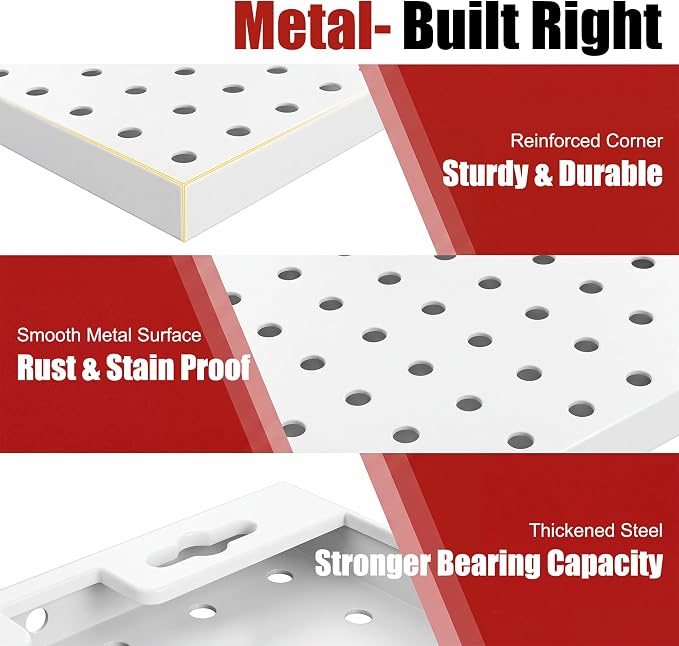 Heavy Duty Peg Board, 4 Pack Metal Pegboard Panels with 50 Hooks | White Pegboard Organizer - Heavy Duty Wall Mount Storage System for Garage Tools, Workbench, Office & Home Organization