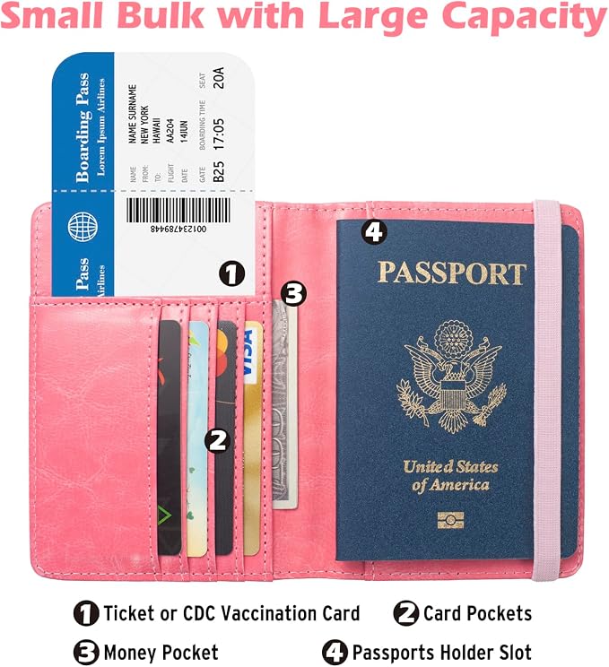 Passport Holder for Travel Women, RFID Blocking Passport Wallet Cover Case, Waterproof Leather Travel Wallet, Document Protector for Traveling Accessories-Hot Pink