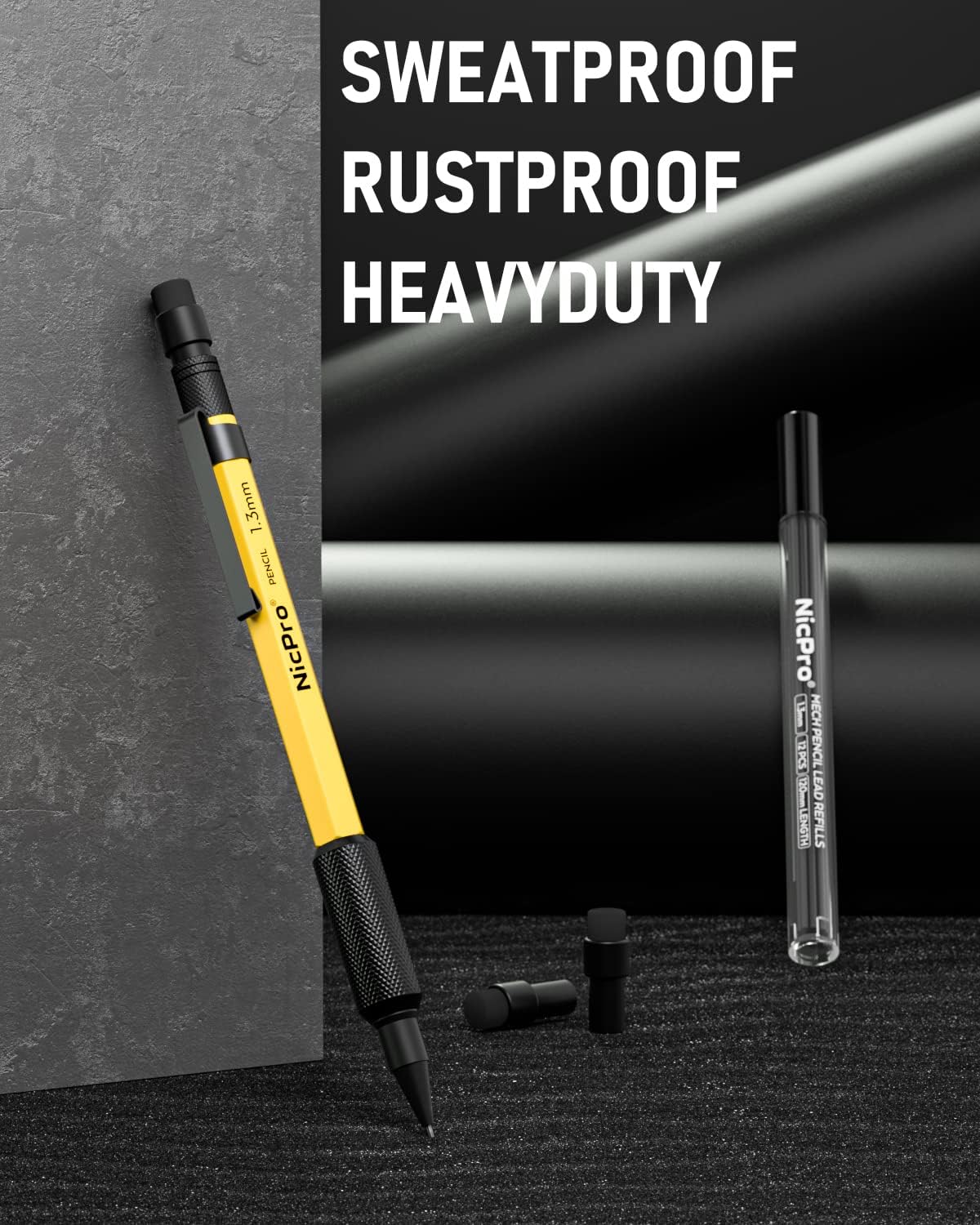 Nicpro 1.3 mm Mechanical Pencil Set with 12 Lead Refill, Eraser - Weatherproof Metal MP2000 Heavy Duty Carpenter Pencil for Outdoor Marking Drafting Drawing Sketching Woodworking - with Case