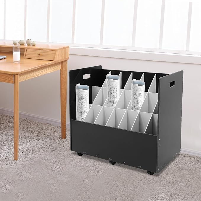 Blue Print Storage Organizer with Wheels, 21 Slots Roll Files Cart, Black | Mobile Blueprint Storage Rack Cart, Construction Plan Holder, Map Poster Storage Cabinet for Office Home School