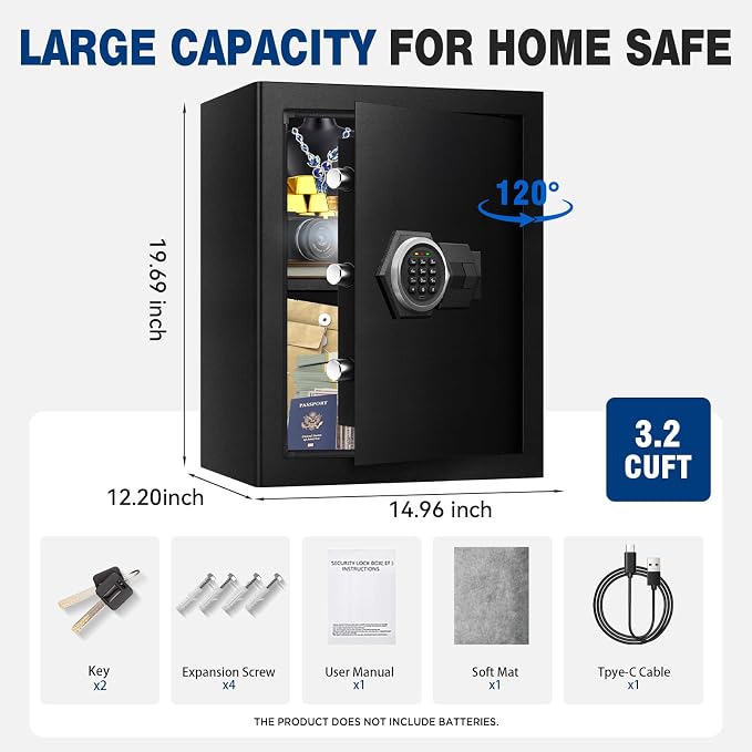 3.2 Cu Ft Large Home Safe Box, Fire Proof Safe with Type-C Port | Steel Security Box with Digital Electronic Keypad, Removable Shelf, Safety Lock Box for Office Documents Money Jewelry Gun