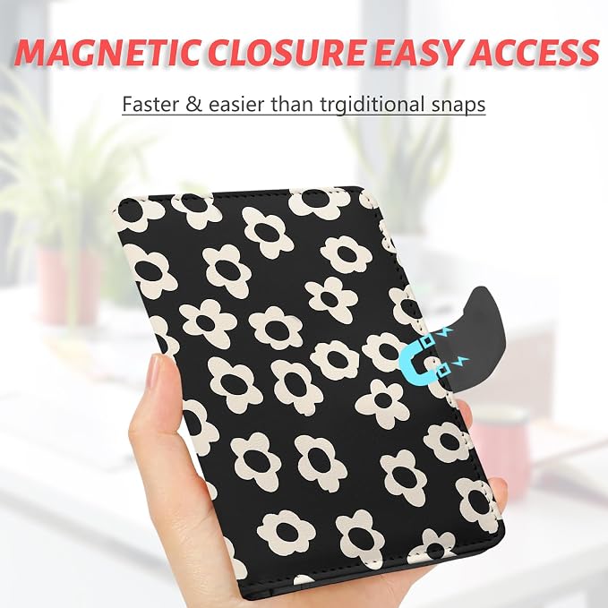 Passport Holder, Cute Travel Wallet Cover with RFID Blocking,Flower | PU leather travel wallet with magnetic closure, card slots, pen loop, and easy access for passports and essentials.