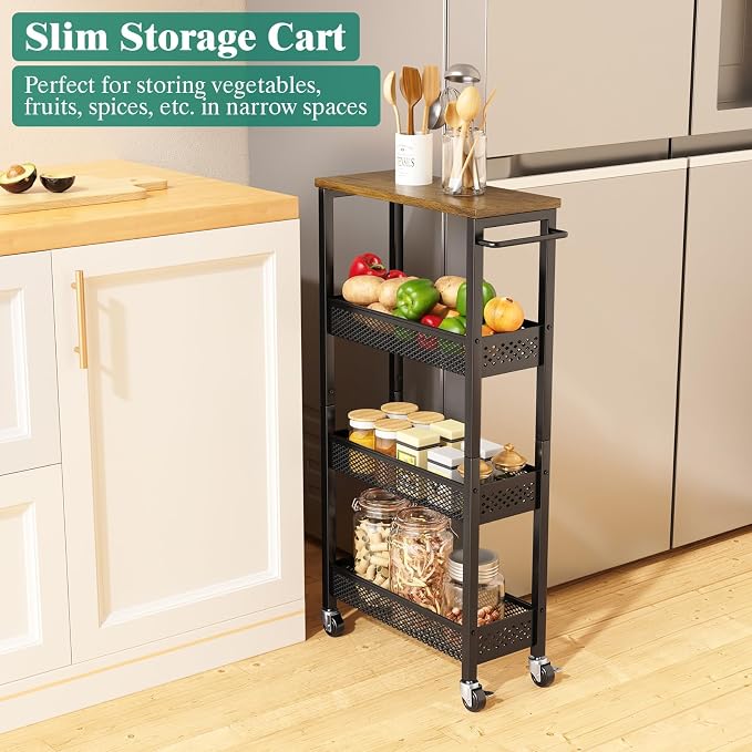 Slim Rolling Storage Cart 4 Tier Bathroom Organizer Mobile Shelving Unit Utility Cart with Wood Top and Handle for Kitchen Laundry Narrow Places, Black