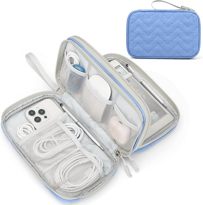 FYY Electronic Organizer, Travel Tech Pouch Bag, Large, Blue Quilted | Wrist Strap, Waterproof, Double Layers Portable Electronics Travel Carrying Case for Cord, Charger, Daily Business Trips Use